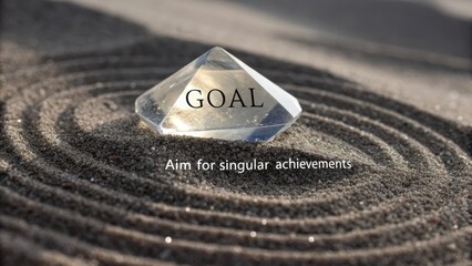 A single, clear crystal with the word GOAL etched on its surface rests upon a sand garden.