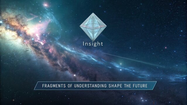 A single crystalline shard of insight floats amidst a vibrant cosmic nebula, representing the shaping of the future through fragments of understanding.