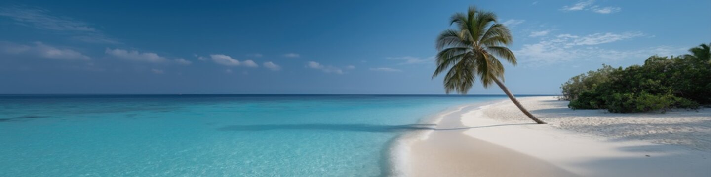 Tranquil tropical beach with clear blue water and palm tree on white sand shore