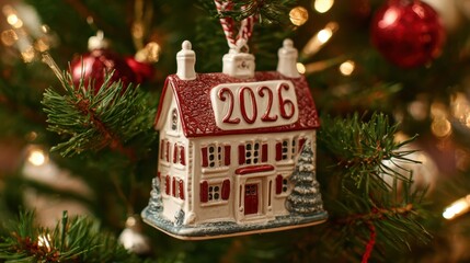 House shaped christmas ornament with 2026 displayed on its roof, hanging on a decorated evergreen tree branch with bokeh lights and other red baubles in the background