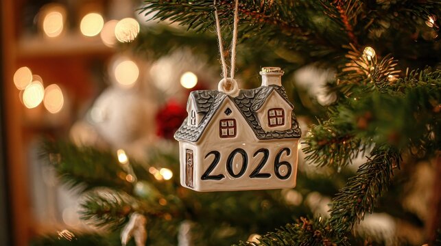 House shaped christmas ornament with 2026 text hanging on a festive evergreen branch, symbolizing holiday season, new year, home, celebration, and future prospects - Powered by Adobe