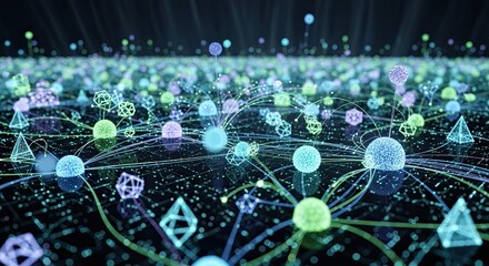 Modern blockchain network visualization showing connected data points across a vibrant digital landscape for technology and business solutions, futuristic network
