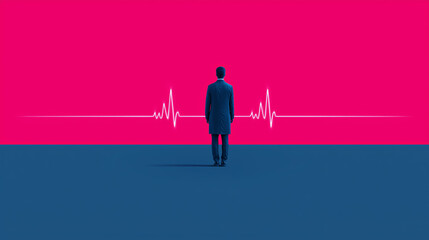 Man in Suit with Heartbeat Line on Pink and Blue Background