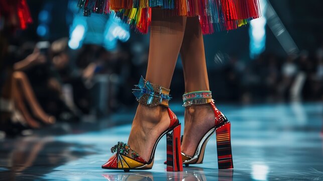 A runway model wearing avant-garde heels paired with a bold designer dress