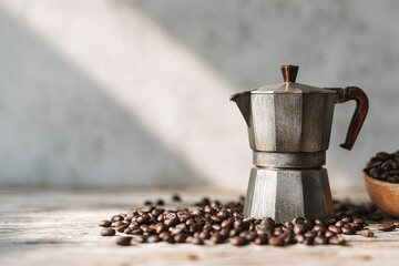 Moka Pot Still Life Italian Coffee with Morning Light, and Rustic Charm.