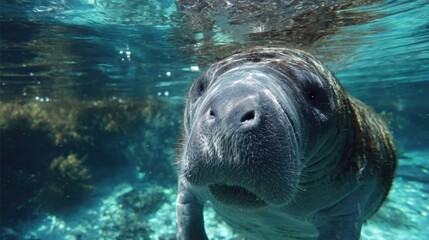Manatee swimming gracefully in clear blue freshwater, a gentle marine mammal in its natural habitat, close up view of its snout and whiskers underwater, facing towards the viewer