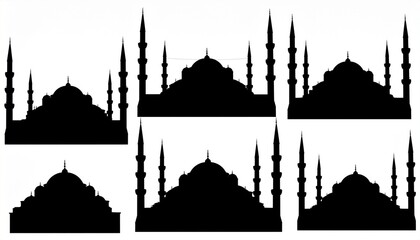 Silhouette of a mosque with multiple minarets, repeated six times on a white background.