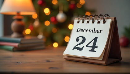 A calendar showing December 24th on a wooden table near a Christmas tree, 8k image