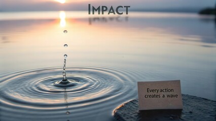 A single drop of water creating ripples and impact on a calm water surface with a message of action.