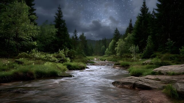 A dramatic forest stream winds through dense trees beneath a dark cloudy night sky revealing a vast expanse of stars - Powered by Adobe