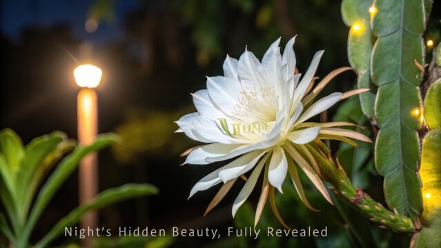A single night blooming white flower opens its delicate petals in a serene moonlit garden