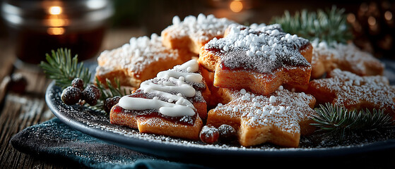 Delicious christmas cookies with jam and powdered sugar holiday baking