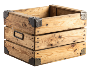 Vintage wooden crate with metal latches isolated on transparent background