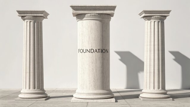 A single polished stone column with the word 'Foundation' inscribed, part of a classical architectural composition