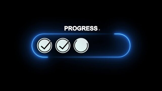 Progress bar with checkmark and circle neon blue glowing futuristic interface element for project completion and success tracking. 4k video animation