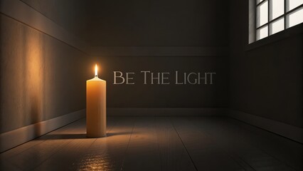 A single, steady candle flame illuminates a dark, minimalist interior, casting a warm glow on the wooden floor, symbolizing hope and guidance.
