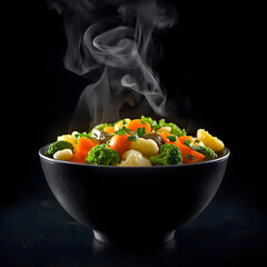 Steaming Veggie Bowl: Freshly cooked vegetables release fragrant steam, highlighting the inviting meal's freshness and taste.