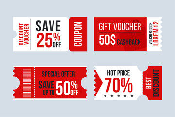 Set of discount coupon ticket. Various coupon promotion illustration. Shopping Discounts.