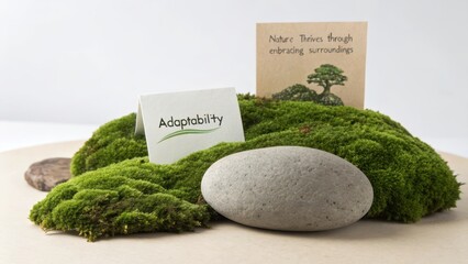 A Smooth Stone Rests Upon Lush Green Moss With A Card Reading Adaptability And Another Card With A Tree.