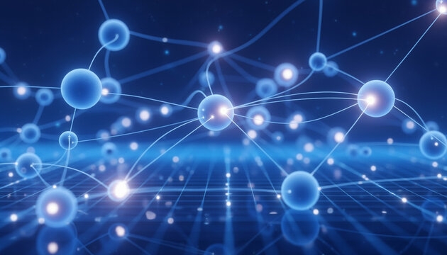 A hyper-realistic 3D scene depicting interconnected neural network nodes emitting soft glowing light. Thin energy lines pass between the nodes, set against an abstract digital mesh background. The