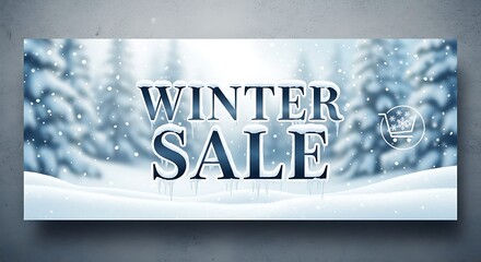 Winter sale announcement featuring snowy forest landscape and festive emblem