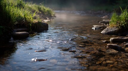 Fototapeta premium A shallow brook with small fish sunlight reflections and mist rising in a serene natural environment