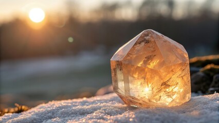 A warm citrine crystal glinting in soft sunlight on a frosty surface, representing natural beauty and energy
