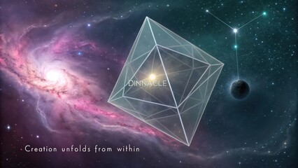 A translucent geometric octahedron floating in cosmic space with swirling nebula and starlight