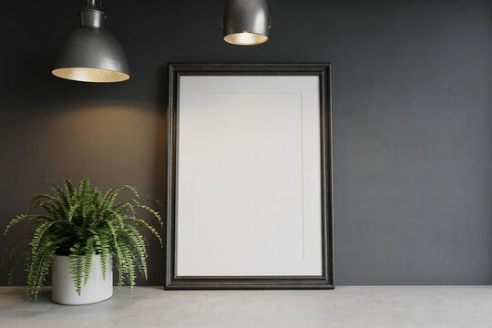 Modern interior scene with blank picture frame and plant