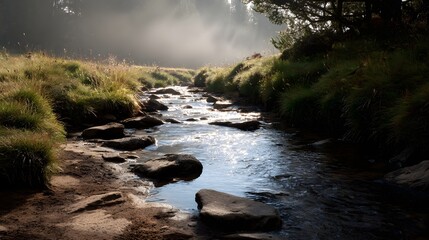 A serene misty morning unfolds over a rocky stream with sunlight reflecting on the flowing water amidst lush green banks