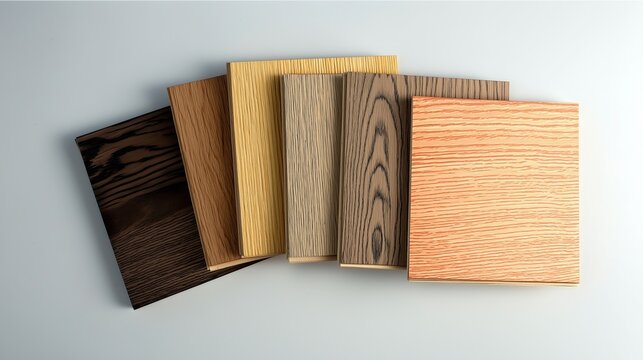 Engineered hardwood or laminate flooring swatch samples in various type of wood texture. Close-up of wooden flooring samples stacked on the floor. Showcasing laminate or engineered wood flooring