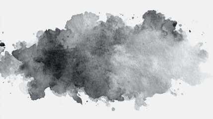 Abstract hand painted watercolor background creating a monochrome gray ink splash stain design, showing artistic texture and fluid brushstrokes on white paper