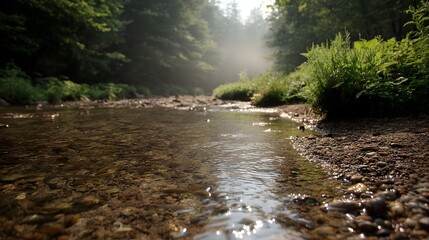A serene forest stream flows gently with sunlight reflecting off the clear water and a soft mist rising in the background