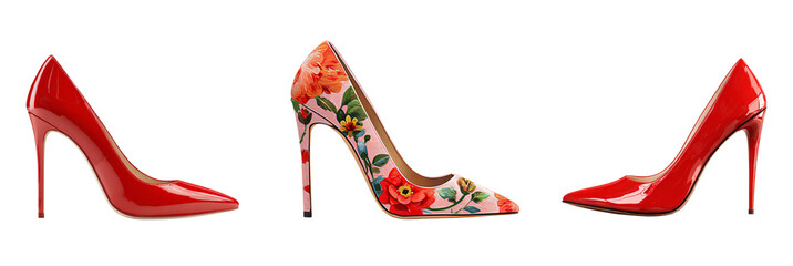  Glamorous red and floral high-heel stiletto shoes, isolated on transparent background. Perfect for fashion banners, e-commerce, social media posts, invitations and luxury designs. PNG .
