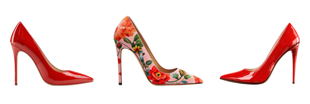 Glamorous red and floral high-heel stiletto shoes, isolated on transparent background. Perfect for fashion banners, e-commerce, social media posts, invitations and luxury designs. PNG .
