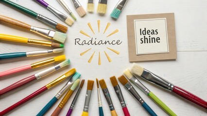 Artistic paintbrushes arranged in a radiant circle around the word "Radiance", symbolizing creative inspiration and bright ideas.