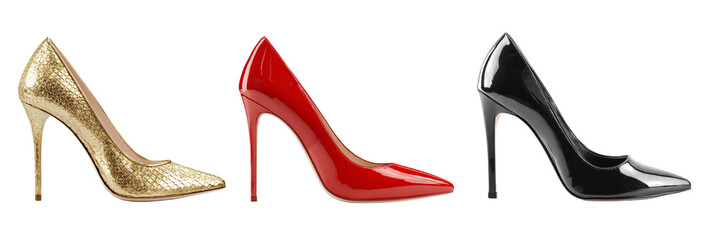  Glamorous red, black and golden high-heel stiletto shoes, isolated on transparent background. Perfect for fashion banners, e-commerce, social media posts, invitations and luxury designs. PNG .