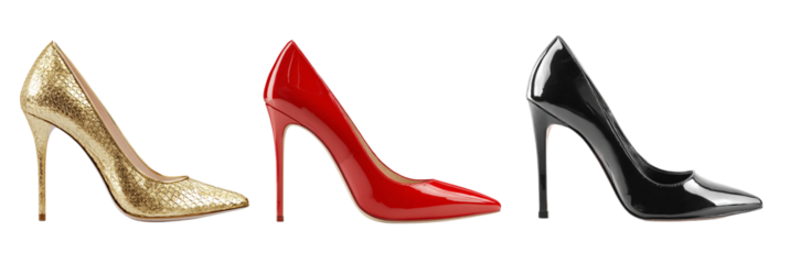  Glamorous red, black and golden high-heel stiletto shoes, isolated on transparent background. Perfect for fashion banners, e-commerce, social media posts, invitations and luxury designs. PNG .