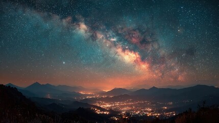 Milky way arches over mountain valley and city lights at night offering a scenic and breathtaking view