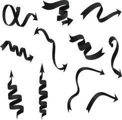 Variety of black ribbon arrows, different curves, directional vector elements
