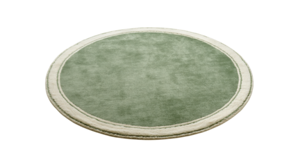 Round green carpet with soft texture and white border, adding a stylish element to modern home interior design and decor, isolated with a transparent background, png