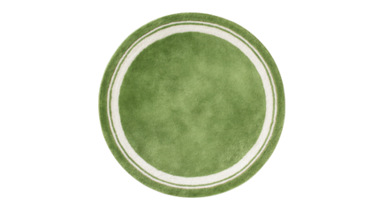 Round green fluffy rug with white concentric stripes from above, cozy home textile product for modern interior design decoration, transparent background, png