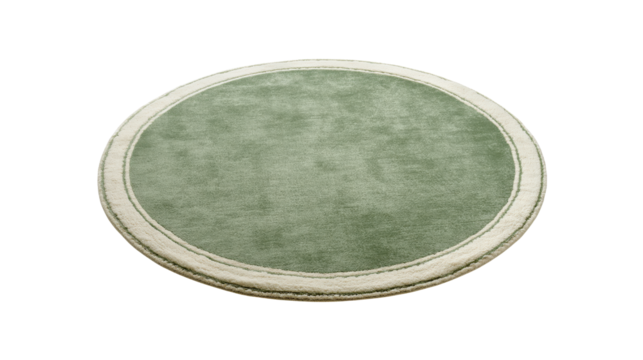 Round green carpet with soft texture and white border, adding a stylish element to modern home interior design and decor, isolated with a transparent background, png