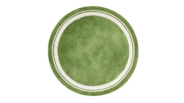 Round green fluffy rug with white concentric stripes from above, cozy home textile product for modern interior design decoration, transparent background, png