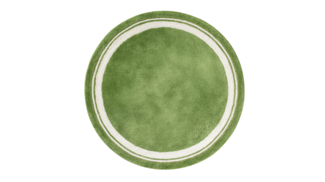 Round green fluffy rug with white concentric stripes from above, cozy home textile product for modern interior design decoration, transparent background, png