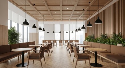 Modern cafe interior with natural light and wood accents creating a welcoming atmosphere