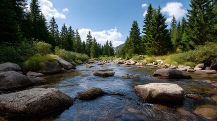 A flowing river with smooth rocks and evergreen trees in a lush forest under a clear blue sky