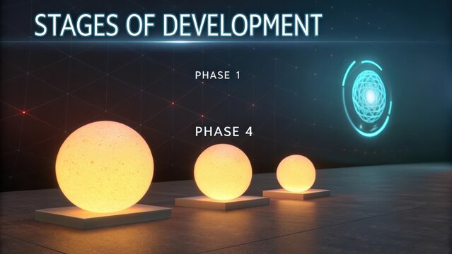 Four glowing orbs showing stages of development on pedestals in a dark, futuristic setting