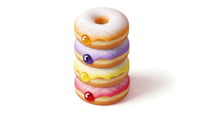 Stack of colorful frosted donuts with jelly filling on white background