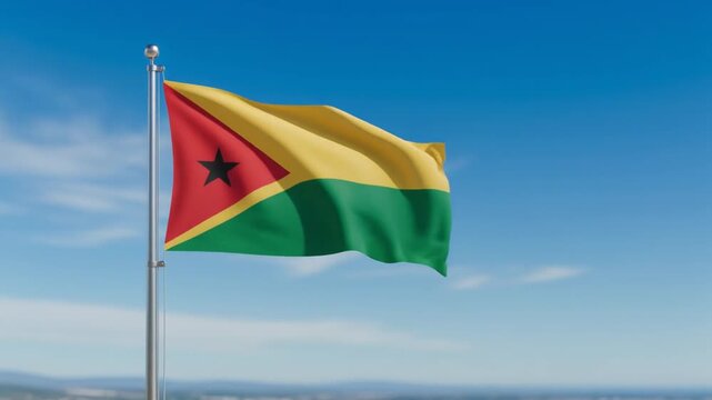 Flag of Guinea Bissau waves gently in wind against clear blue sky footage